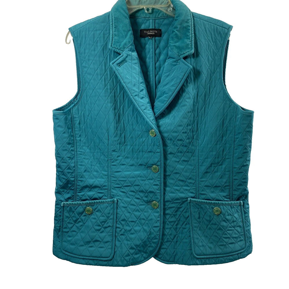 Talbots Vest Womens Large‎ Quilted Corduroy Collar Teal Blue Fleece Inside